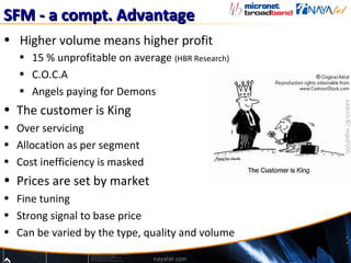 SFM - a compt. Advantage
• Higher volume means higher profit
   • 15 % unprofitable on average (HBR Research)
   • C.O.C.A
   • Angels paying for Demons
• The customer is King
• Over servicing
• Allocation as per segment
• Cost inefficiency is masked
• Prices are set by market
• Fine tuning
• Strong signal to base price
• Can be varied by the type, quality and volume
 
