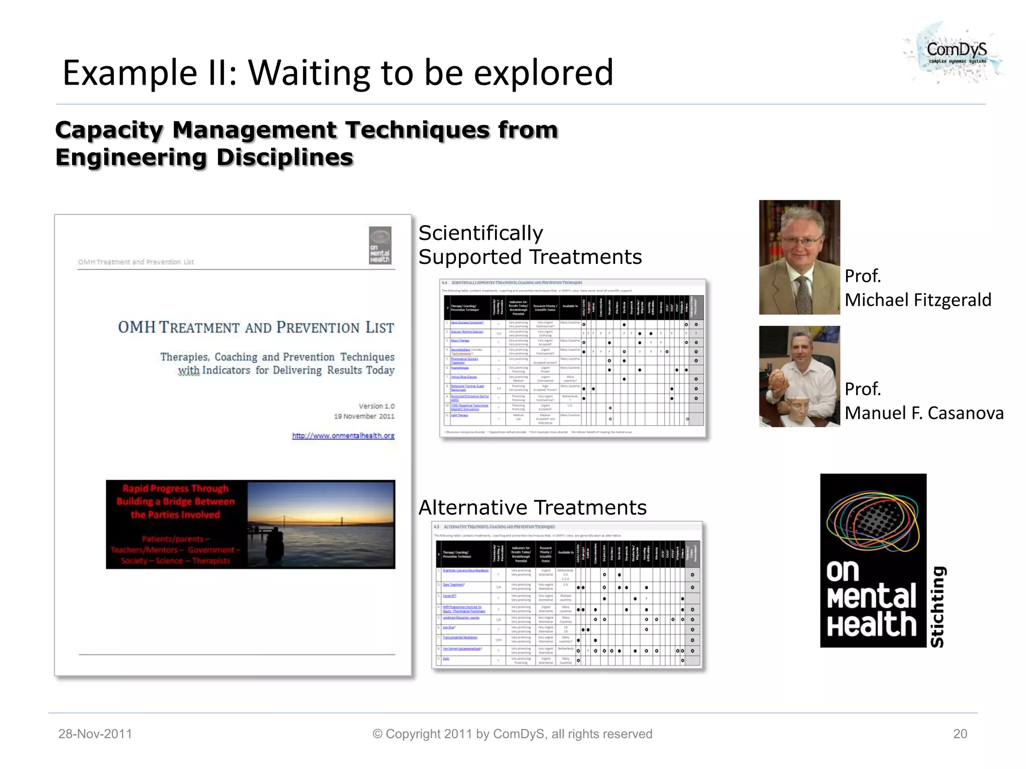 Example II: Waiting to be explored
Capacity Management Techniques from
Engineering Disciplines


                             Scientifically
                             Supported Treatments
                                                                        Prof.
                                                                        Michael Fitzgerald



                                                                        Prof.
                                                                        Manuel F. Casanova



                             Alternative Treatments




28-Nov-2011           © Copyright 2011 by ComDyS, all rights reserved                20
 