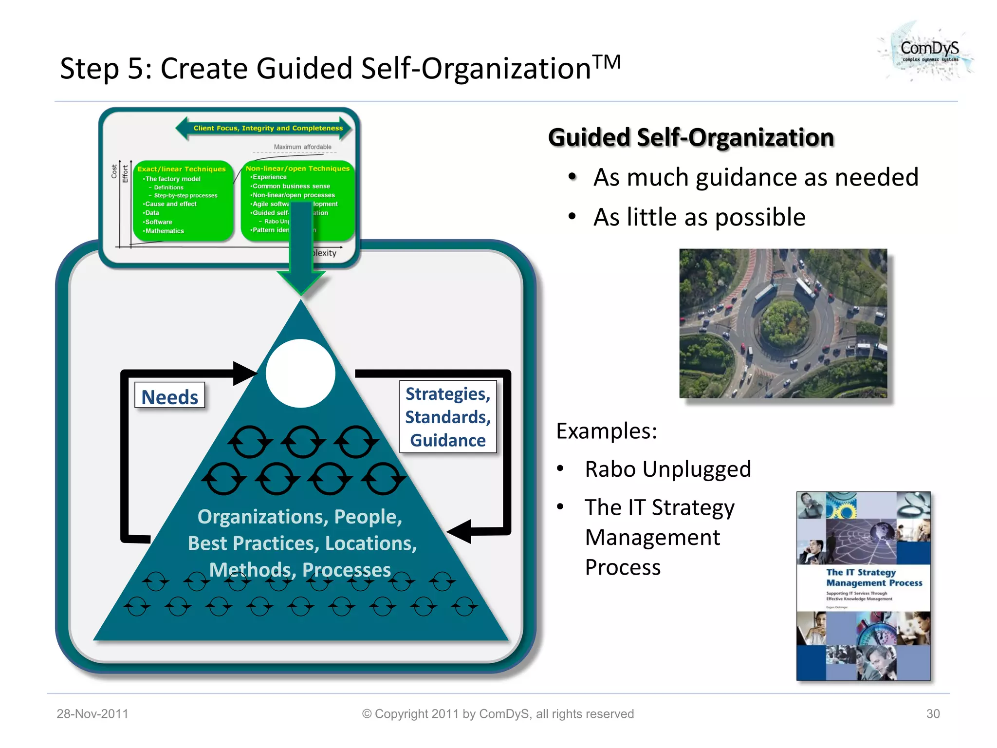 Step 5: Create Guided Self-OrganizationTM

                                                                     Guided Self-Organization
                                                                      • As much guidance as needed
                                                                      • As little as possible




              Needs                         Strategies,
                                            Standards,
                                             Guidance                 Examples:
                                                                      • Rabo Unplugged
                   Organizations, People,                             • The IT Strategy
                  Best Practices, Locations,                            Management
                    Methods, Processes                                  Process




28-Nov-2011                          © Copyright 2011 by ComDyS, all rights reserved                 30
 