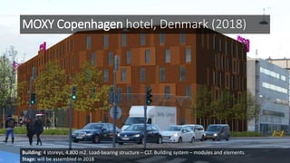 MOXY Copenhagen | project in line
MOXY Copenhagen hotel, Denmark (2018)
Building: 4 storeys, 4.800 m2. Load-bearing structure – CLT. Building system – modules and elements.
Stage: will be assembled in 2018
 
