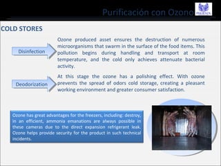 Purificación con Ozono
COLD STORES
Ozone produced asset ensures the destruction of numerous
microorganisms that swarm in the surface of the food items. This
pollution begins during handling and transport at room
temperature, and the cold only achieves attenuate bacterial
activity.
DisinfectionDisinfection
At this stage the ozone has a polishing effect. With ozone
prevents the spread of odors cold storage, creating a pleasant
working environment and greater consumer satisfaction.
DeodorizationDeodorization
Ozone has great advantages for the freezers, including: destroy,
in an efficient, ammonia emanations are always possible in
these cameras due to the direct expansion refrigerant leak.
Ozone helps provide security for the product in such technical
incidents.
 