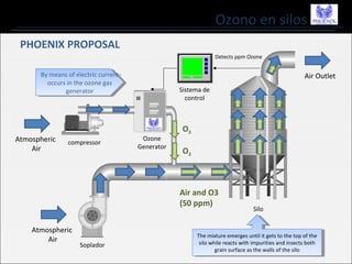 Ozono en silos
PHOENIX PROPOSAL
compressor
Ozone
Generator
Sistema de
control
Silo
Soplador
Atmospheric
Air
Atmospheric
Air
Air Outlet
O3
O3
Air and O3
(50 ppm)
Detects ppm Ozone
By means of electric current
occurs in the ozone gas
generator
By means of electric current
occurs in the ozone gas
generator
The mixture emerges until it gets to the top of the
silo while reacts with impurities and insects both
grain surface as the walls of the silo
The mixture emerges until it gets to the top of the
silo while reacts with impurities and insects both
grain surface as the walls of the silo
 