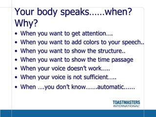 Your body speaks……when? Why?When you want to get attention….When you want to add colors to your speech..When you want to show the structure..When you want to show the time passageWhen your voice doesn’t work…..When your voice is not sufficient…..When ….you don’t know…….automatic……