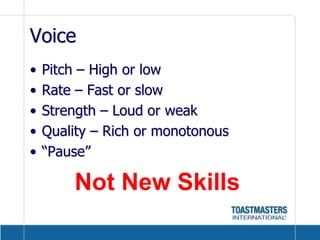 VoicePitch – High or lowRate – Fast or slowStrength – Loud or weakQuality – Rich or monotonous“Pause”Not New Skills