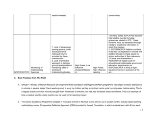 14 
8. Best Practices from The Field 
1. UNICEF - Ministry of Human Resource Development Water Sanitation and Hygiene (WASH) programme has helped increase attendance in schools in several states.“Hand washing song” is sung by children as they scrub their hands under running water, before eating. This is a regular practice and has not only brought down incidences of infection, but has also increased school enrolment. This is an example of how a creative twist to a daily practice can be used for far reaching impact. 
2. The School Excellence Programme adopted in municipal schools in Mumbai slums aims to use a student-centric, activity-based teaching methodology named Co-operative Reflective Approach (CRA) provided by Naandi Foundation, in which students learn with & from each 
vested interests 
communities. 
NCPCR/SCPCR 
Monitoring of implementing Agencies 
1. Lack of awareness among general public about grievance redressal forums provided by these commissions 2. Lack of proactive approach to tackling ground level problems/ monitoring state of working of implementing bodies. 
High Power, Low Influence Unaware/Resistant 
High Power, High Influence Leading 
1.In many states SCPCR has issued a free helpline number to lodge grievances related to RTE. These numbers must be advertised through media to enable the information to reach the masses. 2. SCPCR/NCPCR helpline numbers must also be displayed in schools and children should be made aware by school authorities of their relevance. 3.Centre should establish a mechanism of regular audit of schools/local bodies/state government education departments via NCPCR/SCPCR to bring to light issues/concerns in execution of the act.  