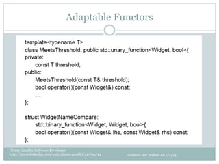 Adaptable Functors




Uttam Gandhi, Software Developer
http://www.linkedin.com/pub/uttam-gandhi/21/7aa/24   Content last revised on 1/4/13
 