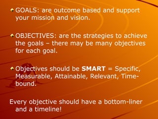 <ul><li>GOALS: are outcome based and support your mission and vision. </li></ul><ul><li>OBJECTIVES: are the strategies to ...
