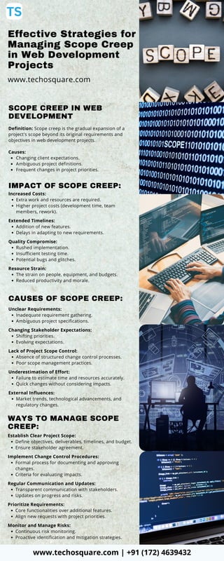 CAUSES OF SCOPE CREEP:
Unclear Requirements:
Inadequate requirement gathering.
Ambiguous project specifications.
Changing Stakeholder Expectations:
Shifting priorities.
Evolving expectations.
Lack of Project Scope Control:
Absence of structured change control processes.
Poor scope management practices.
Underestimation of Effort:
Failure to estimate time and resources accurately.
Quick changes without considering impacts.
External Influences:
Market trends, technological advancements, and
regulatory changes.
WAYS TO MANAGE SCOPE
CREEP:
Establish Clear Project Scope:
Define objectives, deliverables, timelines, and budget.
Ensure stakeholder agreement.
Implement Change Control Procedures:
Formal process for documenting and approving
changes.
Criteria for evaluating impacts.
Regular Communication and Updates:
Transparent communication with stakeholders.
Updates on progress and risks.
Prioritize Requirements:
Core functionalities over additional features.
Align new requests with project priorities.
Monitor and Manage Risks:
Continuous risk monitoring.
Proactive identification and mitigation strategies.
Effective Strategies for
Managing Scope Creep
in Web Development
Projects
www.techosquare.com
SCOPE CREEP IN WEB
DEVELOPMENT
Definition: Scope creep is the gradual expansion of a
project's scope beyond its original requirements and
objectives in web development projects.
Causes:
Changing client expectations.
Ambiguous project definitions.
Frequent changes in project priorities.
IMPACT OF SCOPE CREEP:
Increased Costs:
Extra work and resources are required.
Higher project costs (development time, team
members, rework).
Extended Timelines:
Addition of new features.
Delays in adapting to new requirements.
Quality Compromise:
Rushed implementation.
Insufficient testing time.
Potential bugs and glitches.
Resource Strain:
The strain on people, equipment, and budgets.
Reduced productivity and morale.
www.techosquare.com | +91 (172) 4639432
 