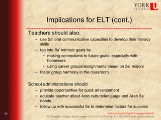 Implications for ELT (cont.)
     Teachers should also:
        – use Ss’ oral communicative capacities to develop their literacy
          skills
        – tap into Ss’ intrinsic goals by
            • making connections to future goals, especially with
               homework
            • using career groups/assignments based on Ss’ majors
        – foster group harmony in the classroom


     School administrations should
        – provide opportunities for quick advancement
        – educate teacher about Arab culture/language and Arab Ss’
          needs
        – follow up with successful Ss to determine factors for success
24                                                                York University English Language Institute
              035 Founders College, Keele Campus Tel: 416.736.5353 Fax: 416.736.5908 Email: yueli@yorku.ca
 