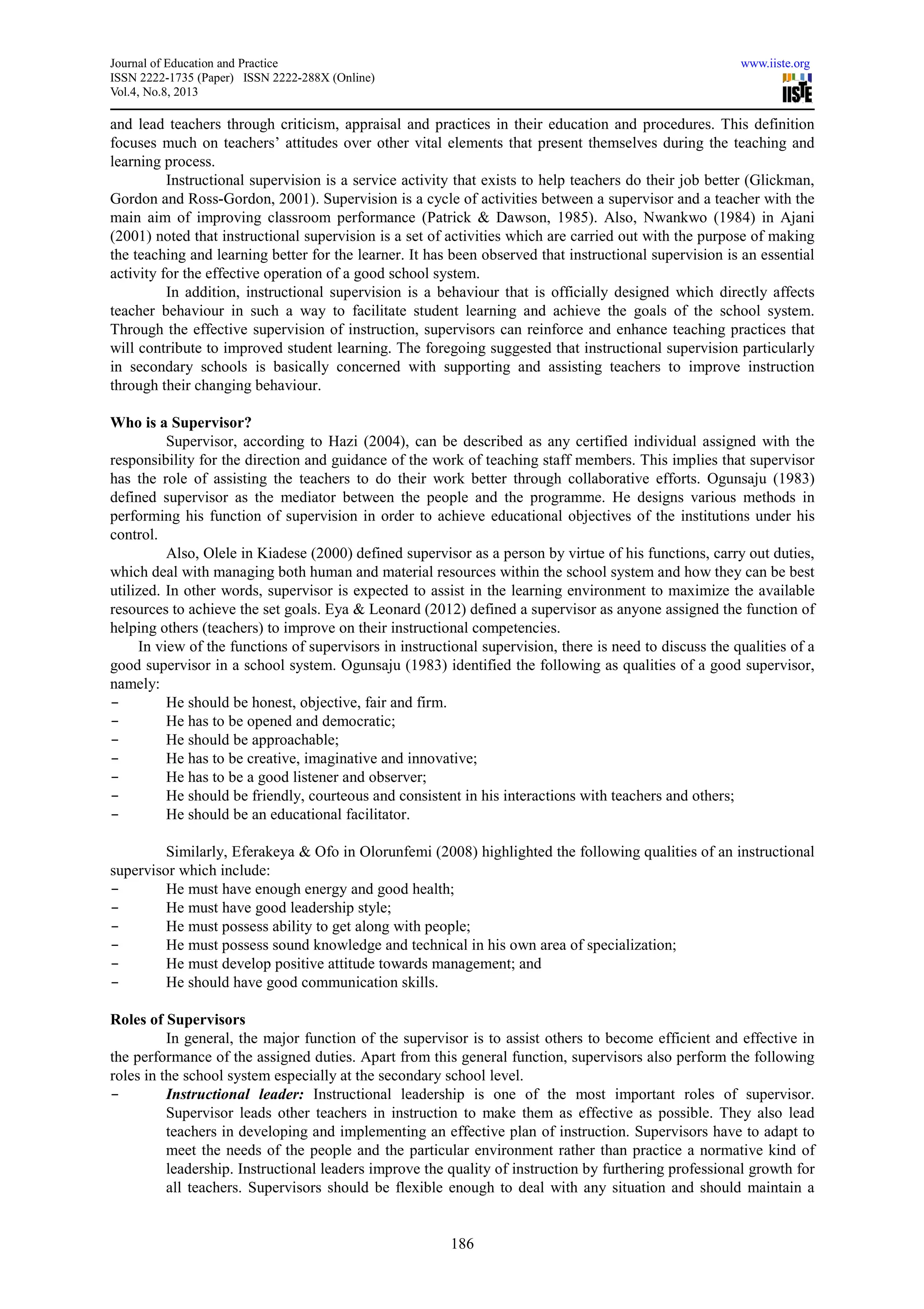 Effective supervision of instruction in nigerian secondary schools ...