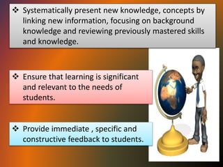  Systematically present new knowledge, concepts by
linking new information, focusing on background
knowledge and reviewing previously mastered skills
and knowledge.
 Ensure that learning is significant
and relevant to the needs of
students.
 Provide immediate , specific and
constructive feedback to students.
 