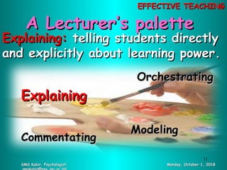 A Lecturer’s paletteA Lecturer’s palette
Explaining:Explaining: telling students directlytelling students directly
and explicitly about learning power.and explicitly about learning power.
OrchestratingOrchestrating
CommentatingCommentating
ModelingModeling
ExplainingExplaining
Monday, October 1, 2018Monday, October 1, 2018SMS Kabir, Psychologist;SMS Kabir, Psychologist;
11
EFFECTIVE TEACHINGEFFECTIVE TEACHING
 