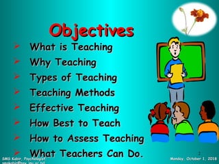ObjectivesObjectives
 What is TeachingWhat is Teaching
 Why TeachingWhy Teaching
 Types of TeachingTypes of Teaching
 Teaching MethodsTeaching Methods
 Effective TeachingEffective Teaching
 How Best to TeachHow Best to Teach
 How to Assess TeachingHow to Assess Teaching
 What Teachers Can Do.What Teachers Can Do. Monday, October 1, 2018Monday, October 1, 2018SMS Kabir, Psychologist;SMS Kabir, Psychologist;
2
 