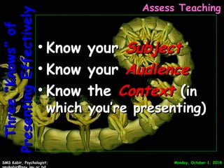 Monday, October 1, 2018Monday, October 1, 2018SMS Kabir, Psychologist;SMS Kabir, Psychologist;
Assess TeachingAssess TeachingThree“Knows”ofThree“Knows”of
PresentingEffectivelyPresentingEffectively
• Know yourKnow your SubjectSubject
• Know yourKnow your AudienceAudience
• Know theKnow the ContextContext ((inin
which you’re presenting)which you’re presenting)
25
 