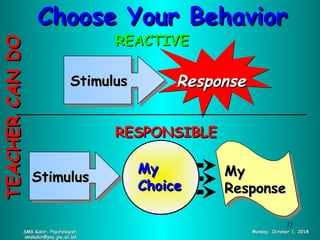 Choose Your BehaviorChoose Your Behavior
REACTIVEREACTIVE
ResponseResponse
RESPONSIBLERESPONSIBLE
MyMy
ResponseResponse
MyMy
ChoiceChoice
StimulusStimulus
StimulusStimulus
SMS Kabir, Psychologist;SMS Kabir, Psychologist;
smskabir@psy.jnu.ac.bdsmskabir@psy.jnu.ac.bd
Monday, October 1, 2018Monday, October 1, 2018
TEACHERCANDOTEACHERCANDO
33
 