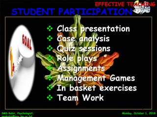 STUDENT PARTICIPATIONSTUDENT PARTICIPATION
Monday, October 1, 2018Monday, October 1, 2018SMS Kabir, Psychologist;SMS Kabir, Psychologist;
EFFECTIVE TEACHINGEFFECTIVE TEACHING
8
 