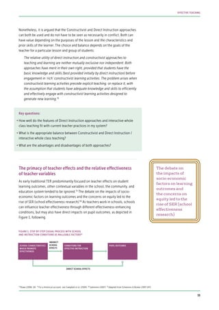 Nonetheless, it is argued that the Constructivist and Direct Instruction approaches
can both be used and do not have to be seen as necessarily in conflict. Both can
have value depending on the purposes of the lesson and the characteristics and
prior skills of the learner. The choice and balance depends on the goals of the
teacher for a particular lesson and group of students:
The relative utility of direct instruction and constructivist approaches to
teaching and learning are neither mutually exclusive nor independent. Both
approaches have merit in their own right, provided that students have the
basic knowledge and skills (best provided initially by direct instruction) before
engagement in ‘rich’ constructivist learning activities. The problem arises when
constructivist learning activities precede explicit teaching, or replace it, with
the assumption that students have adequate knowledge and skills to efficiently
and effectively engage with constructivist learning activities designed to
generate new learning.78
Key questions:
•	How well do the features of Direct Instruction approaches and interactive whole
class teaching fit with current teacher practices in my system?
•	What is the appropriate balance between Constructivist and Direct Instruction /
interactive whole class teaching?
•	What are the advantages and disadvantages of both approaches?
The primacy of teacher effects and the relative effectiveness
of teacher variables
As early traditional TER predominantly focused on teacher effects on student
learning outcomes, other contextual variables in the school, the community, and
education system tended to be ignored.79
The debate on the impacts of socio-
economic factors on learning outcomes and the concerns on equity led to the
rise of SER (school effectiveness research).80
As teachers work in schools, schools
can influence teacher effectiveness through different effectiveness-enhancing
conditions, but may also have direct impacts on pupil outcomes, as depicted in
Figure 1, following.
78
Rowe (2006: 14) 79
For a historical account, see Campbell et al. (2004) 80
Sammons (2007) 81
Adapted from Scheerens & Bosker (1997:147)
The debate on
the impacts of
socio-economic
factors on learning
outcomes and
the concerns on
equity led to the
rise of SER (school
effectiveness
research)
SCHOOL CHARACTERISTICS
WHICH PROMOTE
EFFECTIVENESS
CONDITIONS FOR
EFFECTIVE INSTRUCTION
INDIRECT
SCHOOL
EFFECTS
DIRECT SCHOOL EFFECTS
PUPIL OUTCOMES
FIGURE 1: STEP-BY-STEP CASUAL PROCESS WITH SCHOOL
AND INSTRUCTION CONDITIONS AS MALLEABLE FACTORS81
33
EFFECTIVE TEACHING
 