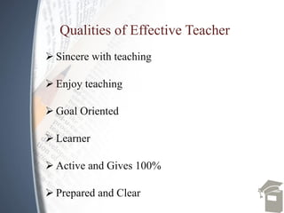 Qualities of Effective Teacher
 Sincere with teaching
 Enjoy teaching
 Goal Oriented
 Learner
 Active and Gives 100%
 Prepared and Clear
 
