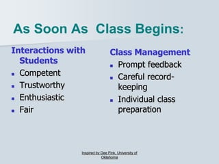 As Soon As Class Begins:
Interactions with
Students
 Competent
 Trustworthy
 Enthusiastic
 Fair
Class Management
 Prompt feedback
 Careful record-
keeping
 Individual class
preparation
Inspired by Dee Fink, University of
Oklahoma
 