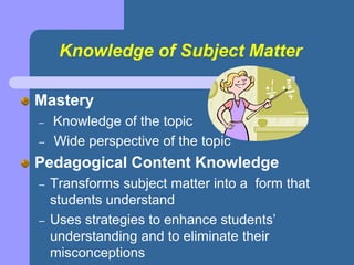 Knowledge of Subject Matter
Mastery
– Knowledge of the topic
– Wide perspective of the topic
Pedagogical Content Knowledge
– Transforms subject matter into a form that
students understand
– Uses strategies to enhance students’
understanding and to eliminate their
misconceptions
 