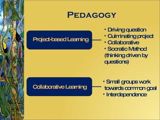 Pedagogy Project-based Learning Collaborative Learning Driving question Culminating project Collaborative Socratic Method (thinking driven by questions) Small groups work  towards common goal Interdependence  