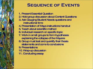 Sequence of Events 1. Present Essential Question 2. Hold group discussion about Content Questions 3. Ask Gauging Student Needs questions and instructional time 4. Presentation of Maya instructions handout 5. Teach about scientific method 6. Individual research on specific topic 7. Work in small groups to form hypotheses explaining the collapse of the Mayans 8. Group must test and quantify their thesis statements and come to conclusions 9. Presentations 10. Wrap-up discussion 11. Concluding essay 