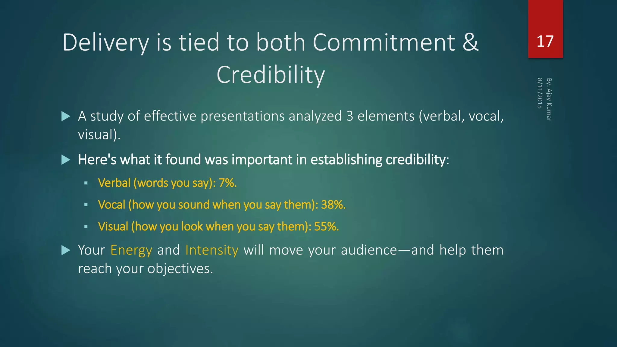 Delivery is tied to both Commitment &
Credibility
 A study of effective presentations analyzed 3 elements (verbal, vocal,
visual).
 Here's what it found was important in establishing credibility:
 Verbal (words you say): 7%.
 Vocal (how you sound when you say them): 38%.
 Visual (how you look when you say them): 55%.
 Your Energy and Intensity will move your audience—and help them
reach your objectives.
17
 