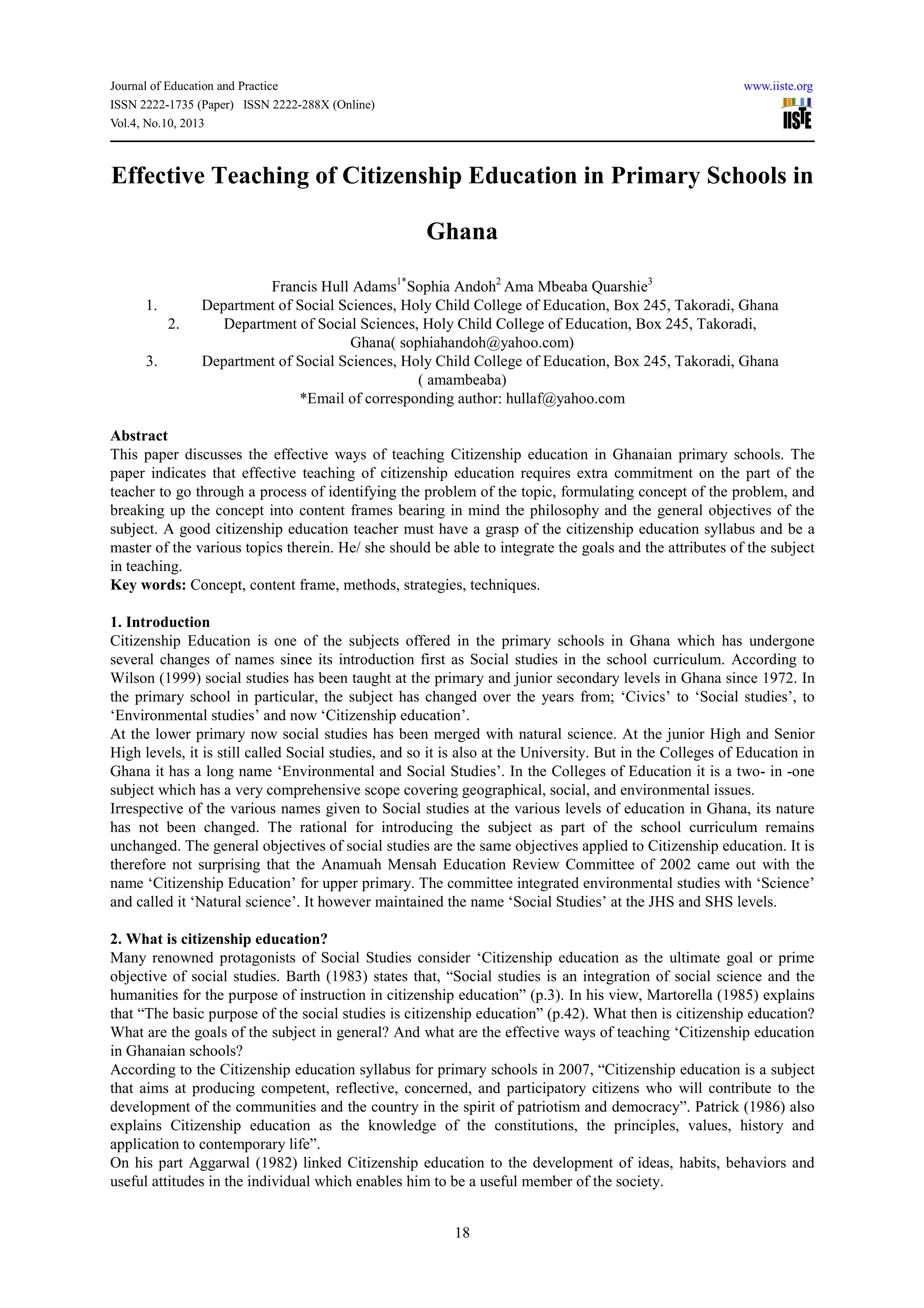 Effective teaching of citizenship education in primary schools in ghana ...