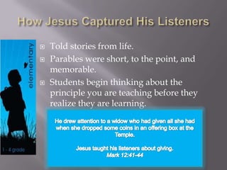 How Jesus Captured His ListenersTold stories from life.Parables were short, to the point, and memorable.Students begin thinking about the principle you are teaching before they realize they are learning.  He drew attention to a widow who had given all she had when she dropped some coins in an offering box at the Temple. Jesus taught his listeners about giving.Mark 12:41-44