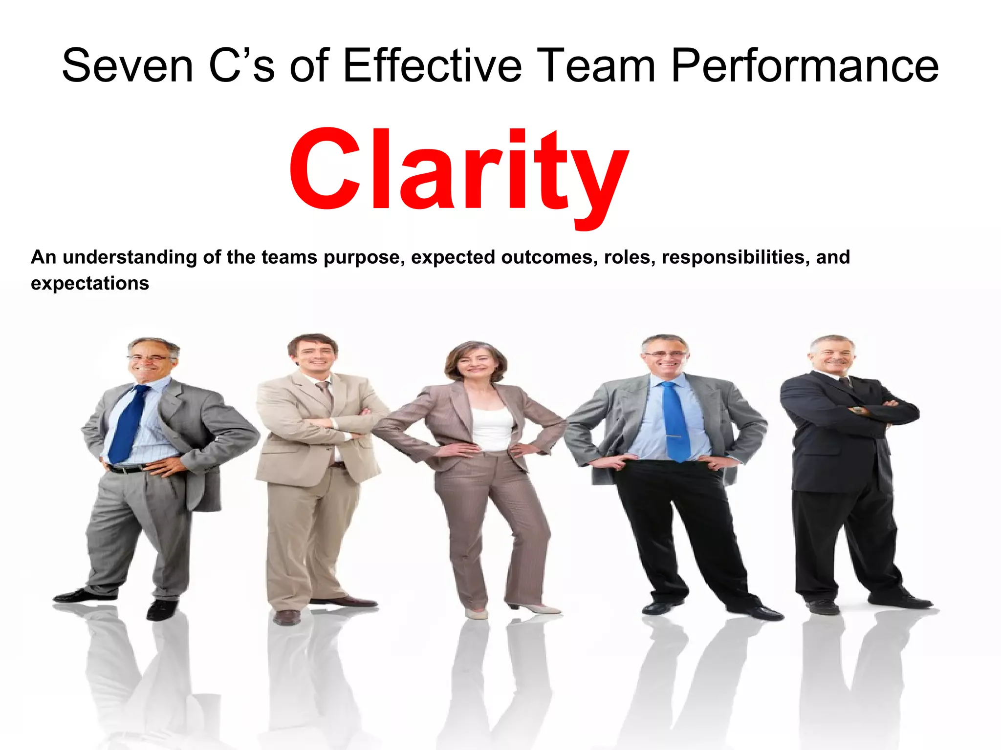 Seven C’s of Effective Team Performance

                          Clarity
An understanding of the teams purpose, expected outcomes, roles, responsibilities, and
expectations
 