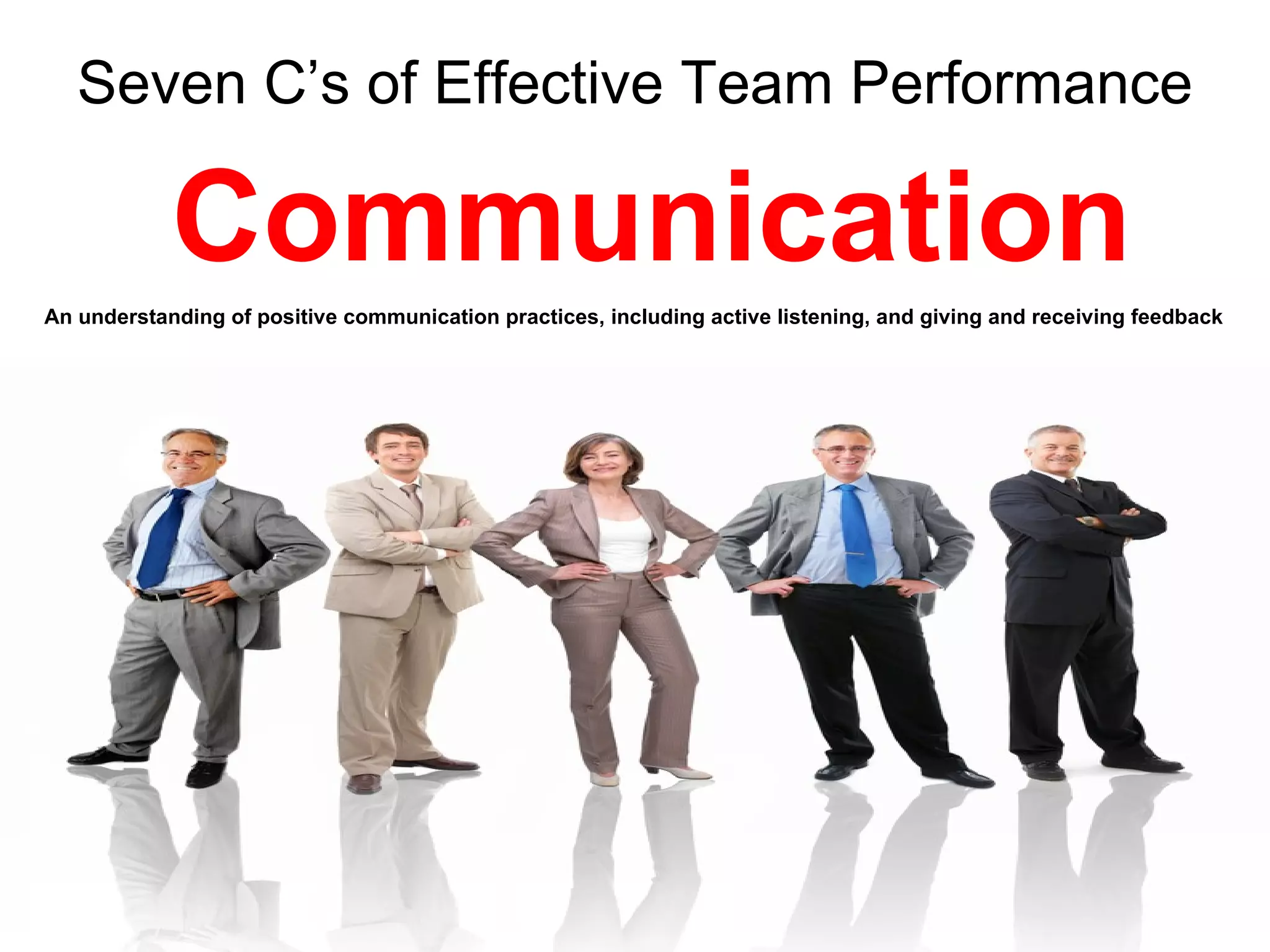 Seven C’s of Effective Team Performance

            Communication
An understanding of positive communication practices, including active listening, and giving and receiving feedback
 