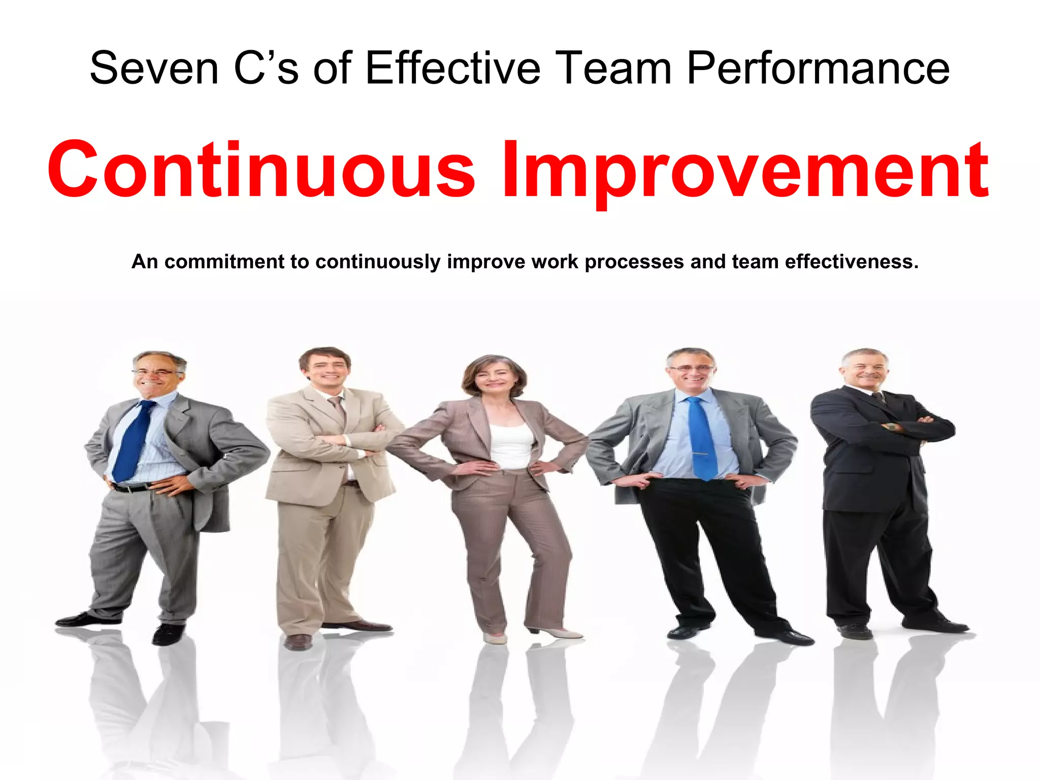 Seven C’s of Effective Team Performance

Continuous Improvement
  An commitment to continuously improve work processes and team effectiveness.
 