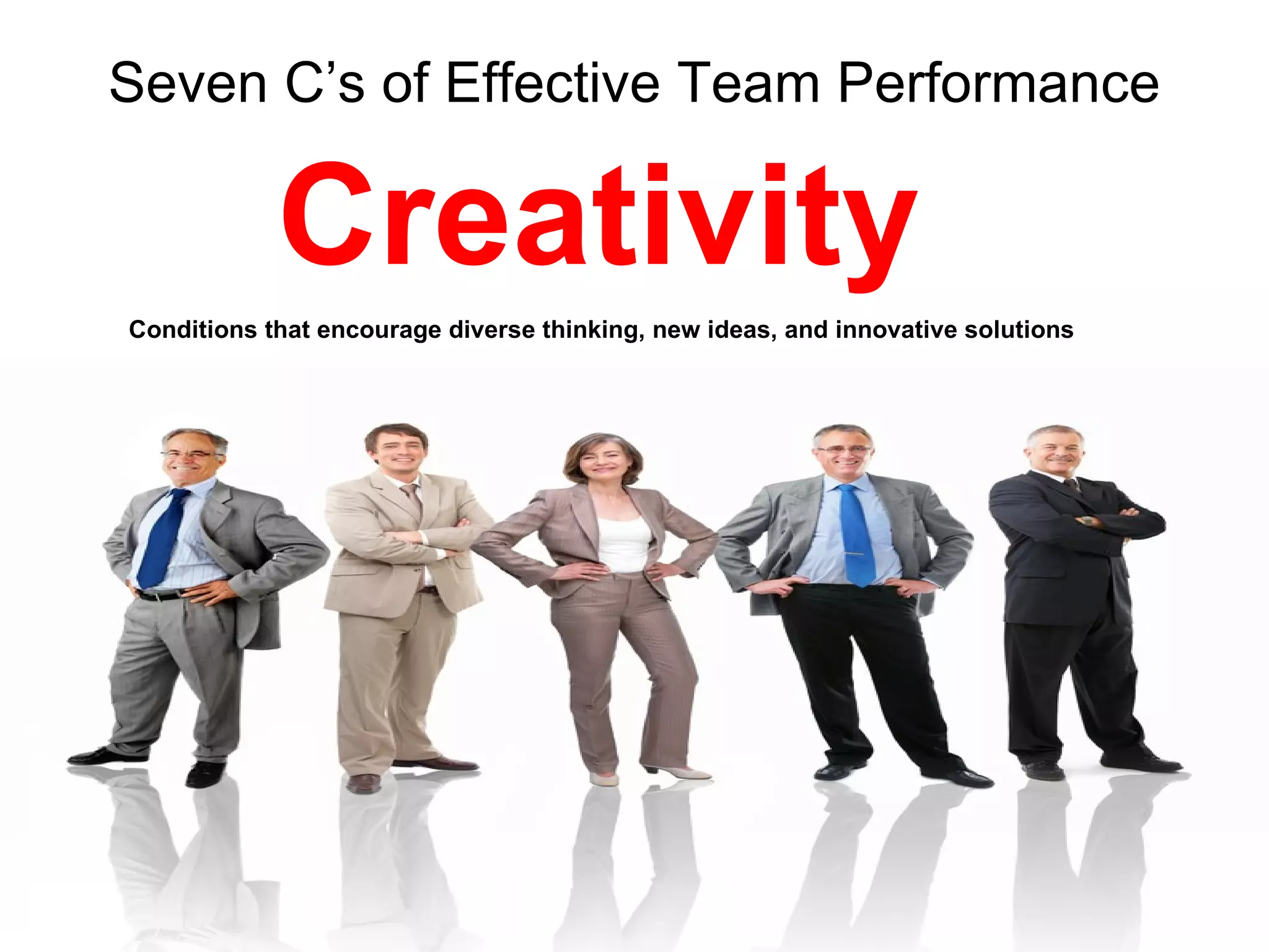 Seven C’s of Effective Team Performance

            Creativity
Conditions that encourage diverse thinking, new ideas, and innovative solutions
 