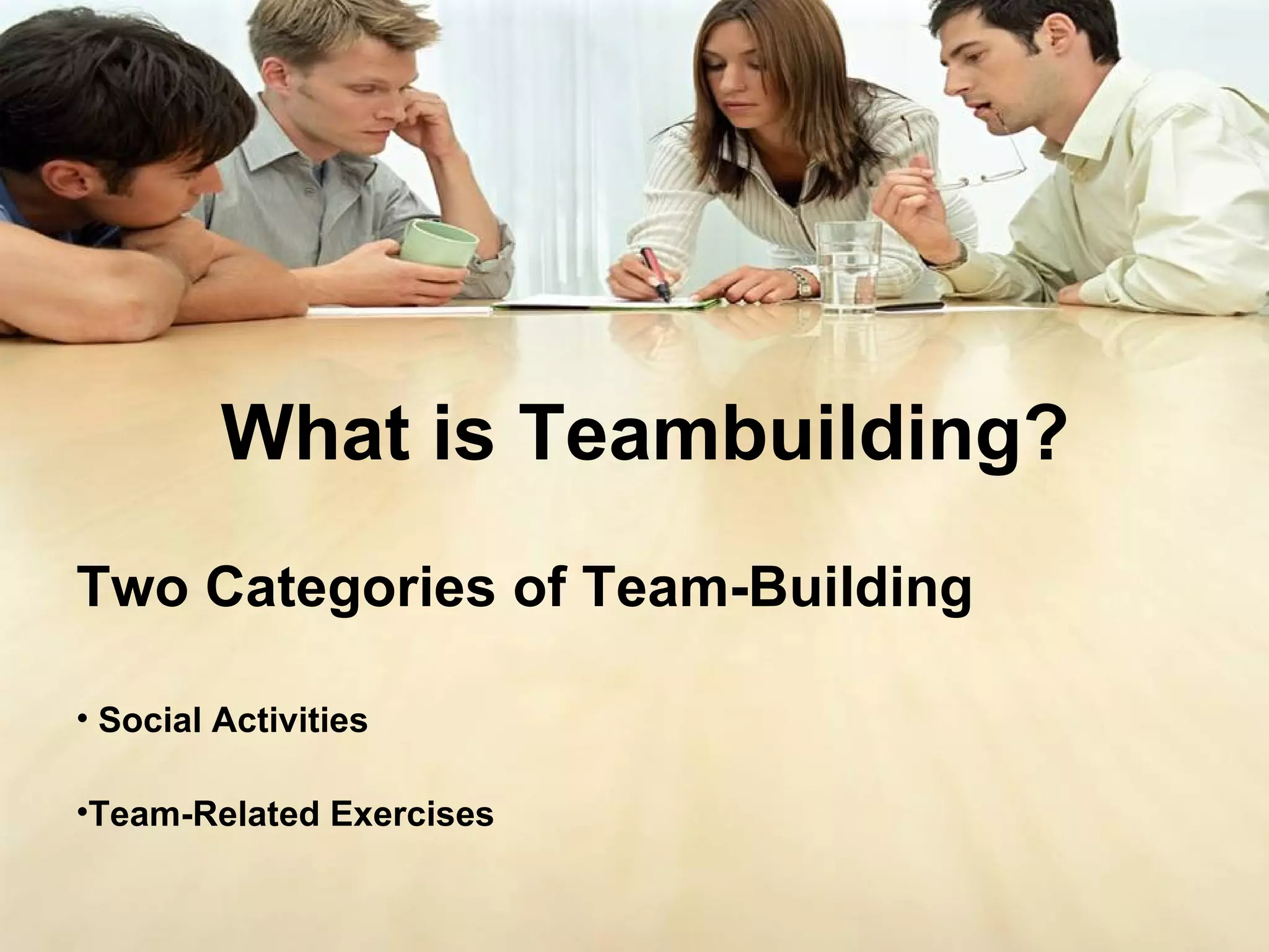 What is Teambuilding?
Two Categories of Team-Building

• Social Activities

•Team-Related Exercises
 