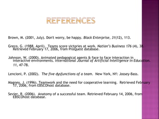 Brown, M. (2001, July). Don't worry, be happy. Black Enterprise, 31(12), 113.

Greco, G. (1988, April). Teams score victories at work. Nation’s Business 176 (4), 38.
   Retrieved February 17, 2006, from ProQuest database.

Johnson, W. (2000). Animated pedagogical agents & face to face interaction in
   interactive environments. International Journal of Artificial Intelligence in Education.
   11, 47-78.

Lencioni, P. (2002).  The five dysfunctions of a team.  New York, NY: Jossey-Bass.

Magney, J. (1996). Teamwork and the need for cooperative learning. Retrieved February
  17, 2006, from EBSCOhost database.

Sevier, R. (2006). Anatomy of a successful team. Retrieved February 14, 2006, from
   EBSCOhost database.
 