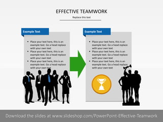 EFFECTIVE TEAMWORK
Replace this text

Example Text
 Place your text here, this is an
example text. Go a head replace
with your own text
 Place your text here, this is an
example text. Go a head replace
with your own text
 Place your text here, this is an
example text. Go a head replace
with your own text

Example Text
 Place your text here, this is an
example text. Go a head replace
with your own text
 Place your text here, this is an
example text. Go a head replace
with your own text
 Place your text here, this is an
example text. Go a head replace
with your own text

12 I
COMPANY NAME
PRESENTER NAME
Download the slides at www.slideshop.com/PowerPoint-Effective-Teamwork

 