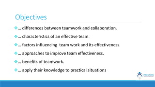 Objectives
… differences between teamwork and collaboration.
… characteristics of an effective team.
… factors influencing team work and its effectiveness.
… approaches to improve team effectiveness.
… benefits of teamwork.
… apply their knowledge to practical situations
 