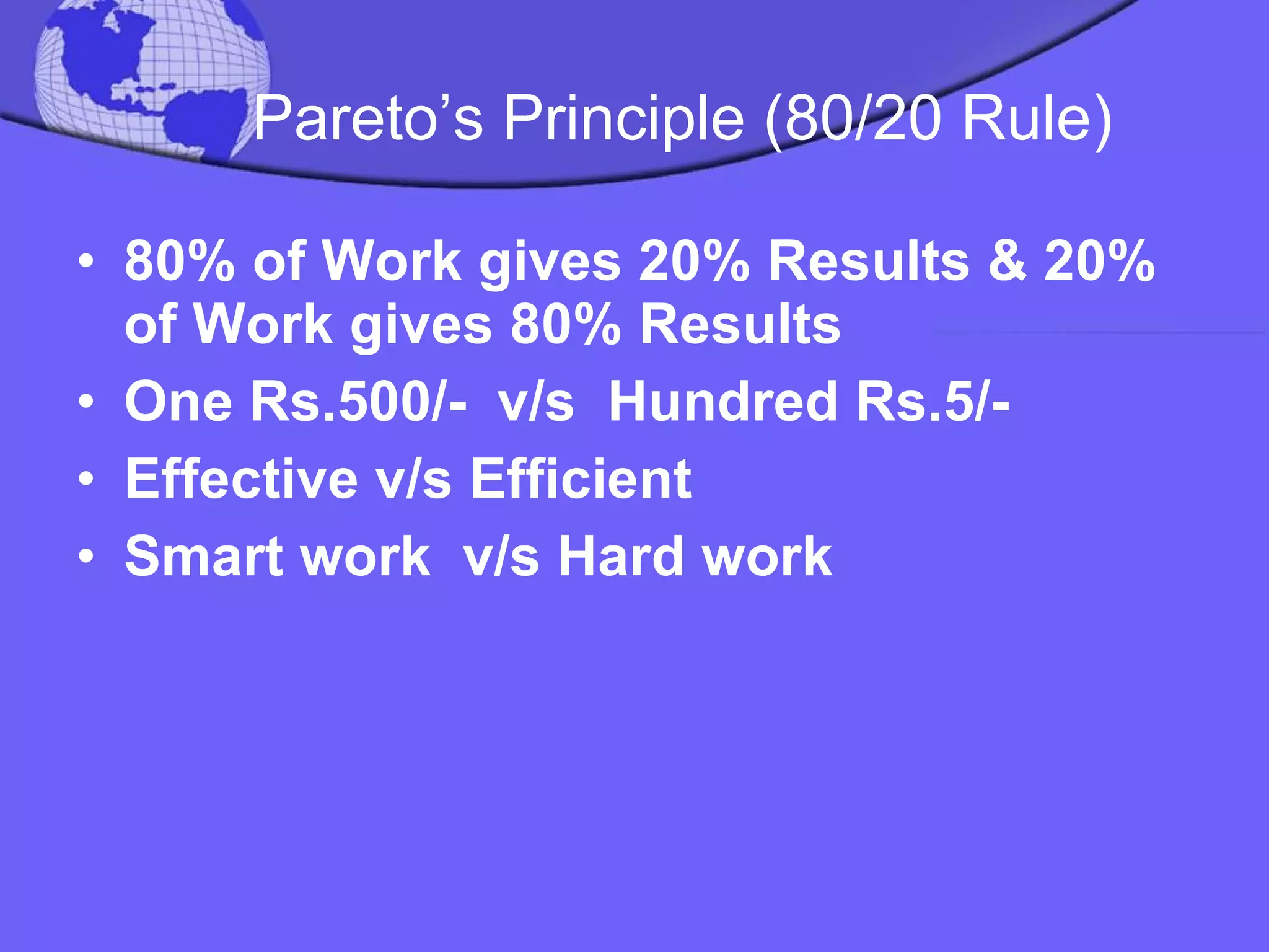 Pareto’s Principle  (80/20 Rule) 80% of Work gives 20% Results & 20% of Work gives 80% Results One Rs.500/-  v/s  Hundred Rs.5/-  Effective v/s Efficient Smart work  v/s Hard work 