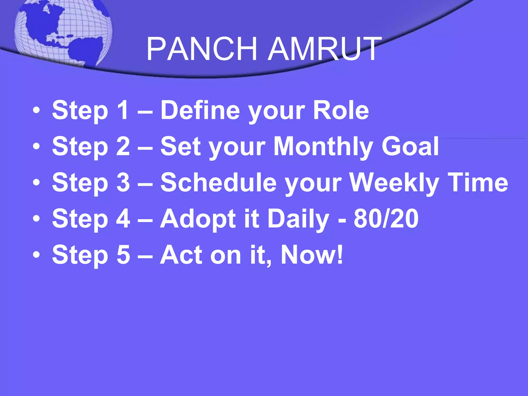 PANCH AMRUT Step 1 – Define your Role Step 2 – Set your Monthly Goal Step 3 – Schedule your Weekly Time  Step 4 – Adopt it Daily - 80/20 Step 5 – Act on it, Now! 