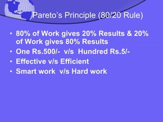Pareto’s Principle  (80/20 Rule) 80% of Work gives 20% Results & 20% of Work gives 80% Results One Rs.500/-  v/s  Hundred Rs.5/-  Effective v/s Efficient Smart work  v/s Hard work 