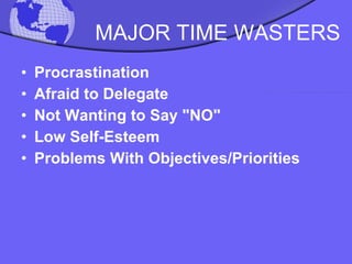 MAJOR   TIME WASTERS Procrastination Afraid to Delegate Not Wanting to Say "NO" Low Self-Esteem Problems With Objectives/Priorities 