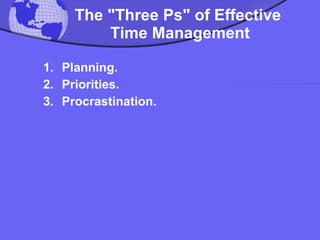 The "Three Ps" of Effective  Time Management Planning.  Priorities.  Procrastination.  