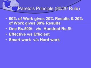 Pareto’s Principle  (80/20 Rule) <ul><li>80% of Work gives 20% Results & 20% of Work gives 80% Results </li></ul><ul><li>O...