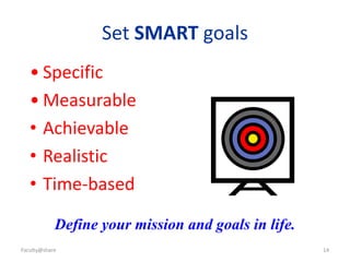 14
• Specific
• Measurable
• Achievable
• Realistic
• Time-based
Set SMART goals
Define your mission and goals in life.
Faculty@share
 