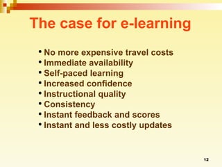 The case for e-learning No more expensive travel costs Immediate availability  Self-paced learning Increased confidence  Instructional quality Consistency  Instant feedback and scores Instant and less costly updates 