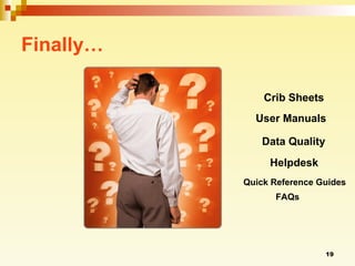 Finally… Helpdesk Crib Sheets Data Quality Quick Reference Guides User Manuals FAQs 