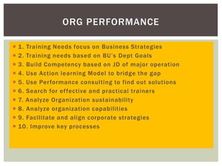  1. Training Needs focus on Business Strategies
 2. Training needs based on BU’s Dept Goals
 3. Build Competency based on JD of major operation
 4. Use Action learning Model to bridge the gap
 5. Use Performance consulting to find out solutions
 6. Search for effective and practical trainers
 7. Analyze Organization sustainability
 8. Analyze organization capabilities
 9. Facilitate and align corporate strategies
 10. Improve key processes
ORG PERFORMANCE
 