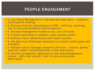  1. Use Talent Management to develop the high flyers – projects,
coaching and training
 2. Serious of Career development in PIP – defining, coaching,
one on one and evaluation and recognition
 3. Develop management based on Joy, care and hope
 4. Project leadership to enhance cross function teams
 5. Enhance team cohesiveness and reduce conflict
 6. Use Business Challenges anaylysis to evalaute talent gaps and
strengths
 7. Enhance senior manager presence and trust – festive, gemba,
quarterly report, networking skills- b day and stories
 8. Develop recognition, appreciation and acknowledgement
culture – gifts and vocuher, face to face conversation,
observation
PEOPLE ENGAGAMENT
 