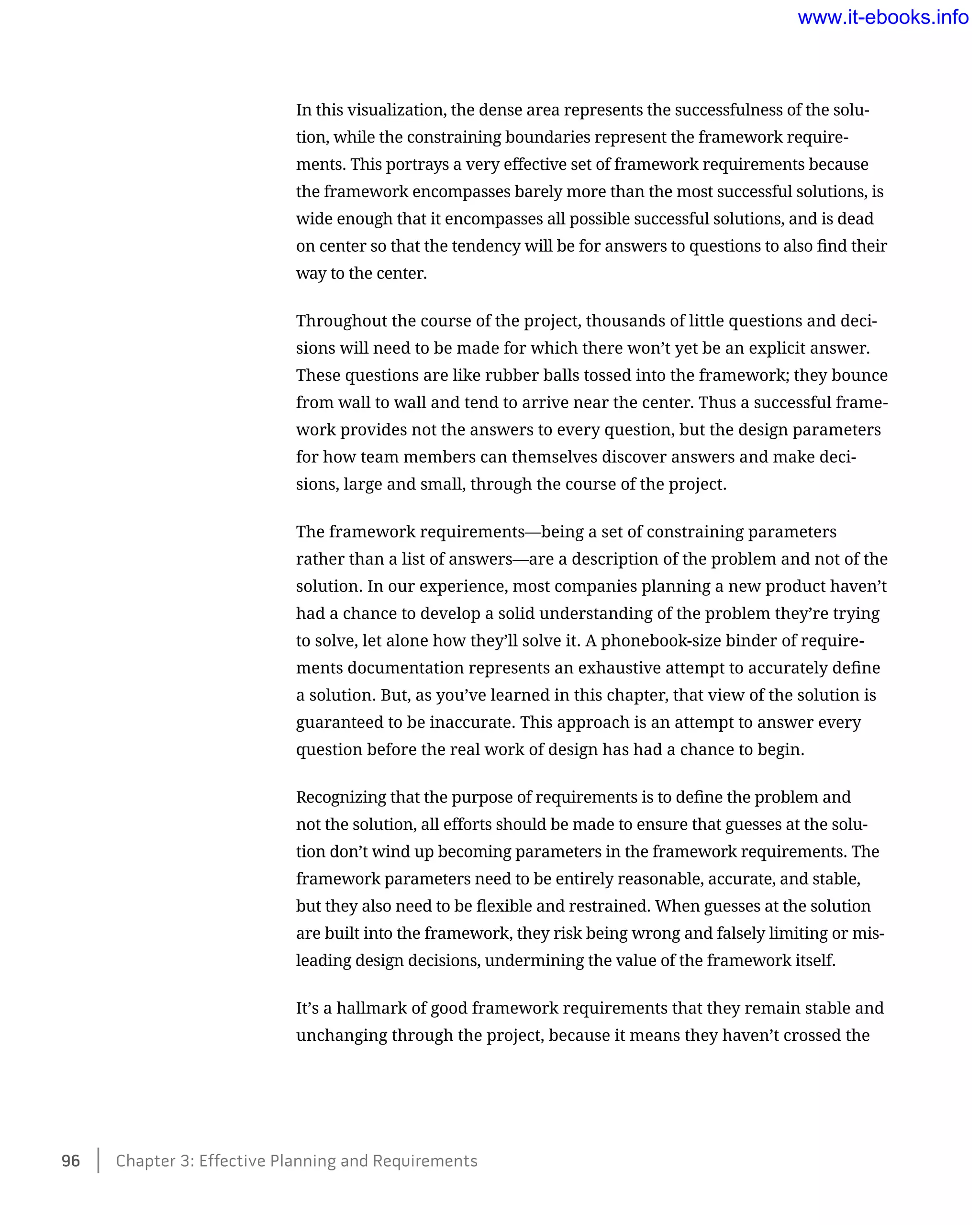 In this visualization, the dense area represents the successfulness of the solu-
tion, while the constraining boundaries represent the framework require-
ments. This portrays a very effective set of framework requirements because
the framework encompasses barely more than the most successful solutions, is
wide enough that it encompasses all possible successful solutions, and is dead
on center so that the tendency will be for answers to questions to also find their
way to the center.
Throughout the course of the project, thousands of little questions and deci-
sions will need to be made for which there won’t yet be an explicit answer.
These questions are like rubber balls tossed into the framework; they bounce
from wall to wall and tend to arrive near the center. Thus a successful frame-
work provides not the answers to every question, but the design parameters
for how team members can themselves discover answers and make deci-
sions, large and small, through the course of the project.
The framework requirements—being a set of constraining parameters
rather than a list of answers—are a description of the problem and not of the
solution. In our experience, most companies planning a new product haven’t
had a chance to develop a solid understanding of the problem they’re trying
to solve, let alone how they’ll solve it. A phonebook-size binder of require-
ments documentation represents an exhaustive attempt to accurately define
a solution. But, as you’ve learned in this chapter, that view of the solution is
guaranteed to be inaccurate. This approach is an attempt to answer every
question before the real work of design has had a chance to begin.
Recognizing that the purpose of requirements is to define the problem and
not the solution, all efforts should be made to ensure that guesses at the solu-
tion don’t wind up becoming parameters in the framework requirements. The
framework parameters need to be entirely reasonable, accurate, and stable,
but they also need to be flexible and restrained. When guesses at the solution
are built into the framework, they risk being wrong and falsely limiting or mis-
leading design decisions, undermining the value of the framework itself.
It’s a hallmark of good framework requirements that they remain stable and
unchanging through the project, because it means they haven’t crossed the
96    Chapter 3: Effective Planning and Requirements
www.it-ebooks.info
 