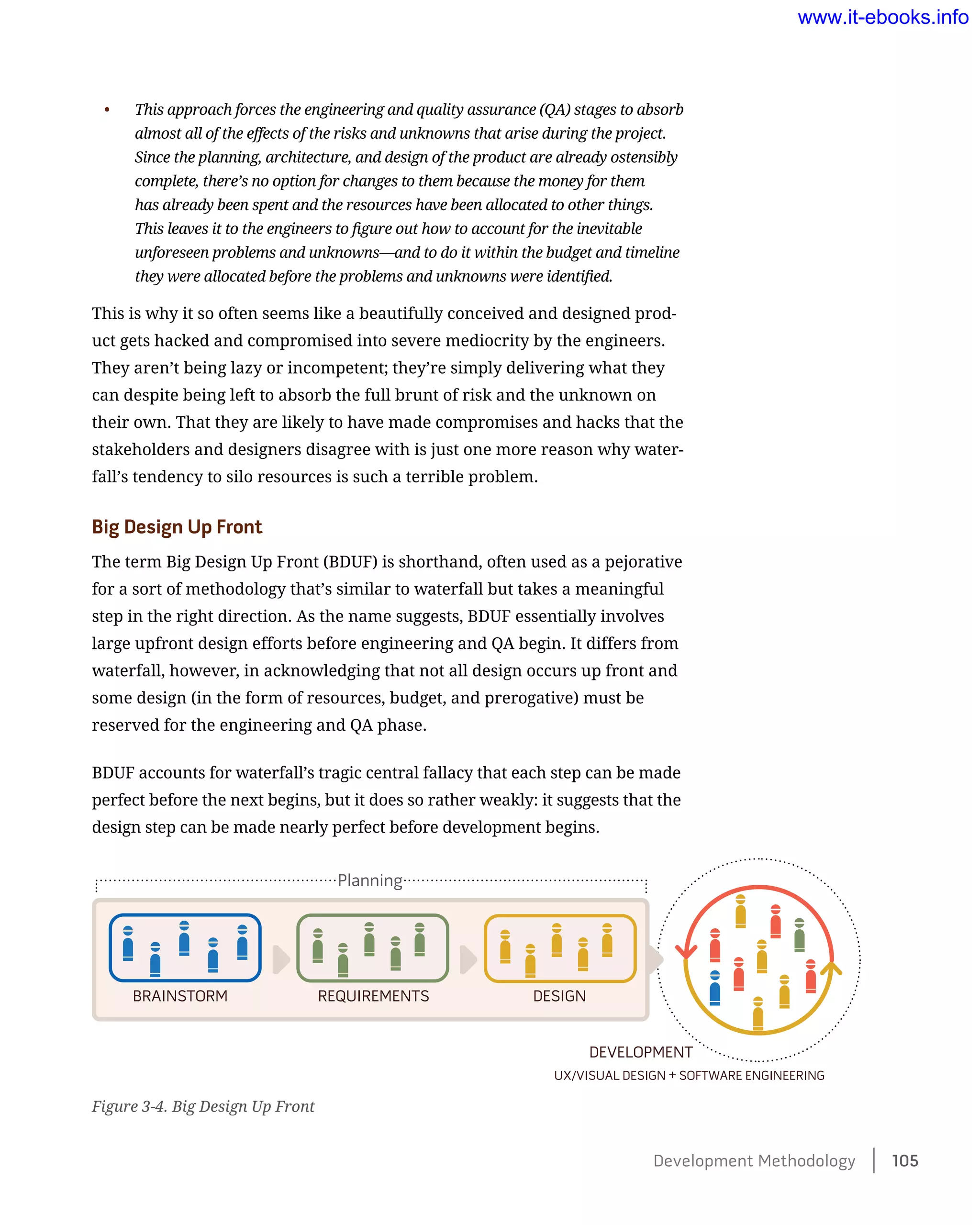 •	 This approach forces the engineering and quality assurance (QA) stages to absorb
almost all of the effects of the risks and unknowns that arise during the project.
Since the planning, architecture, and design of the product are already ostensibly
complete, there’s no option for changes to them because the money for them
has already been spent and the resources have been allocated to other things.
This leaves it to the engineers to figure out how to account for the inevitable
unforeseen problems and unknowns—and to do it within the budget and timeline
they were allocated before the problems and unknowns were identified.
This is why it so often seems like a beautifully conceived and designed prod-
uct gets hacked and compromised into severe mediocrity by the engineers.
They aren’t being lazy or incompetent; they’re simply delivering what they
can despite being left to absorb the full brunt of risk and the unknown on
their own. That they are likely to have made compromises and hacks that the
stakeholders and designers disagree with is just one more reason why water-
fall’s tendency to silo resources is such a terrible problem.
Big Design Up Front
The term Big Design Up Front (BDUF) is shorthand, often used as a pejorative
for a sort of methodology that’s similar to waterfall but takes a meaningful
step in the right direction. As the name suggests, BDUF essentially involves
large upfront design efforts before engineering and QA begin. It differs from
waterfall, however, in acknowledging that not all design occurs up front and
some design (in the form of resources, budget, and prerogative) must be
reserved for the engineering and QA phase.
BDUF accounts for waterfall’s tragic central fallacy that each step can be made
perfect before the next begins, but it does so rather weakly: it suggests that the
design step can be made nearly perfect before development begins.
Figure 3-4. Big Design Up Front
BRAINSTORM REQUIREMENTS DESIGN
UX/VISUAL DESIGN + SOFTWARE ENGINEERING
DEVELOPMENT
Planning
Development Methodology    105
www.it-ebooks.info
 